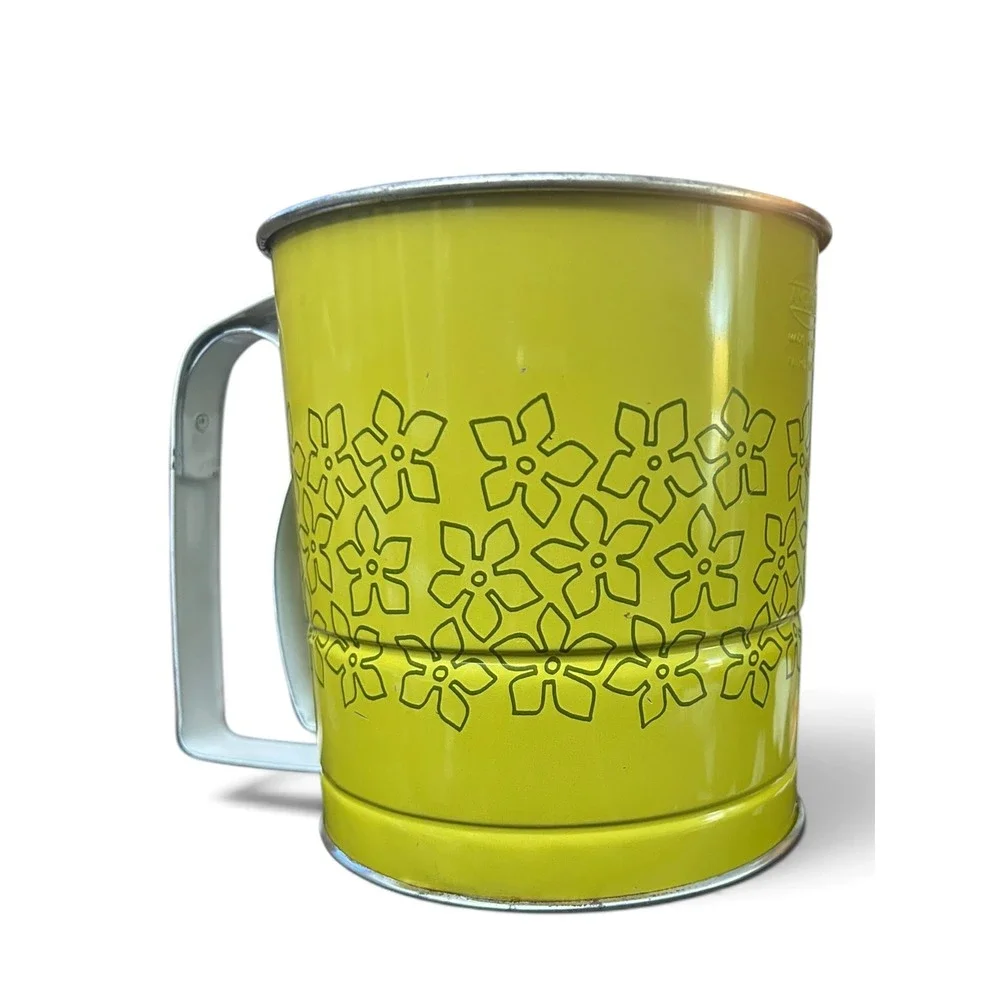 Vintage Androck 3-Screen Flour Sifter Retro Avocado Green Floral Daisy 1970s